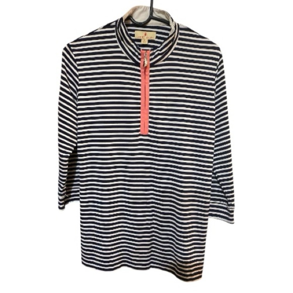 Sport Haley Navy and White Striped Long Sleeve Tee with Pink Zipper size L - Picture 2 of 8